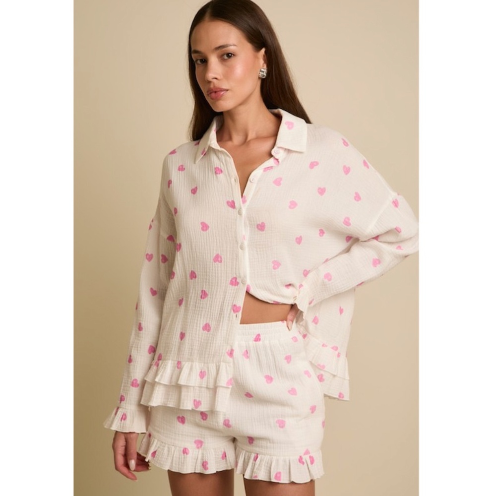 🌟 SET Heart Cotton Pajama Set With Ruffle Hem